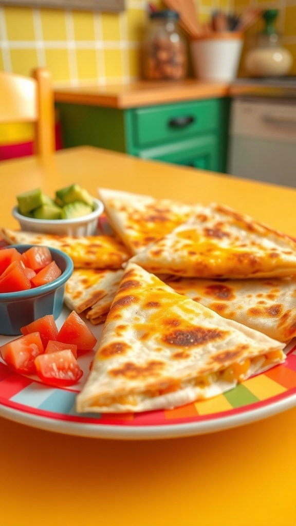 Cheesy quesadilla cut into triangles on a plate with avocado and diced tomatoes.